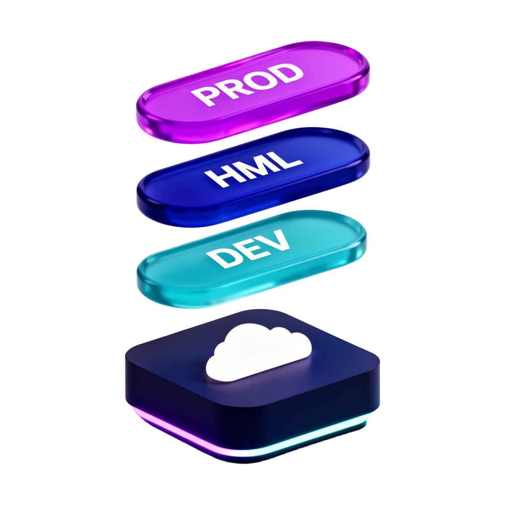 Camadas EnvHub: PROD, HML, DEV e base com glow neon — visualização 3D dos ambientes centralizados